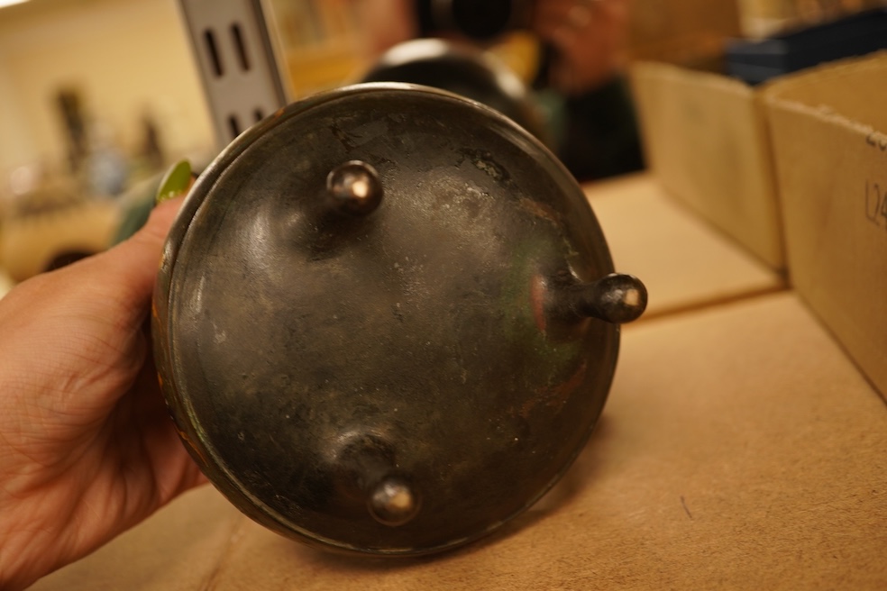 A Japanese twin handled champleve enamel koro and cover, 15cm high